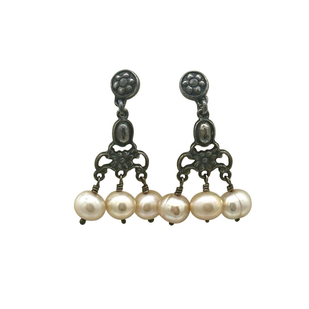 Vtg Bohemian Style Sterling Silver With Real Pearl Chandelier Dangling Earrings